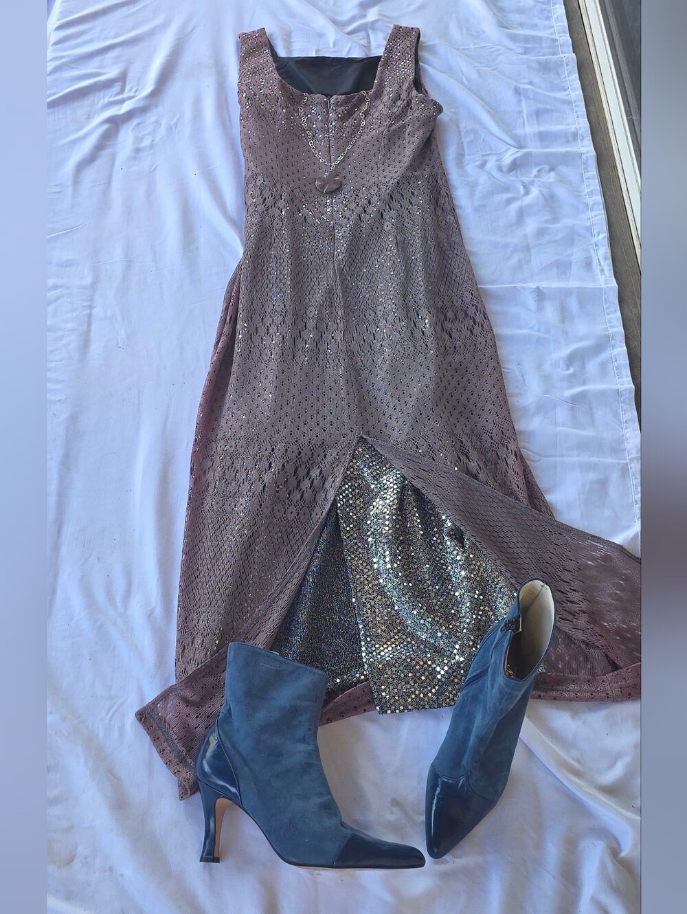 NWT Vintage Y2K Molly Malloy Evening Rose Brown Gunmetal Sequin Maxi Dress Sz 8